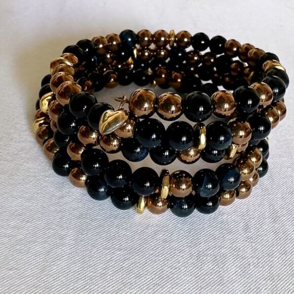 6mm Navy Tiger Eye & Bronze Hematite Wire Wrap Bracelet with Gold Spacers/Charm - Picture 2 of 4